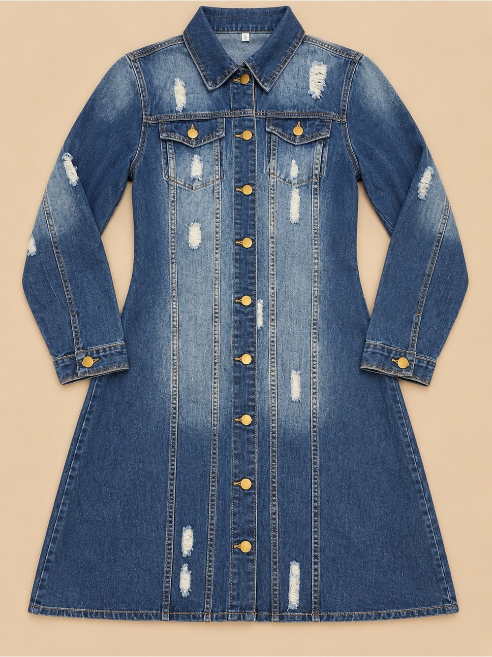 Women’s Distressed Long Denim Dress Jacket - Blue
